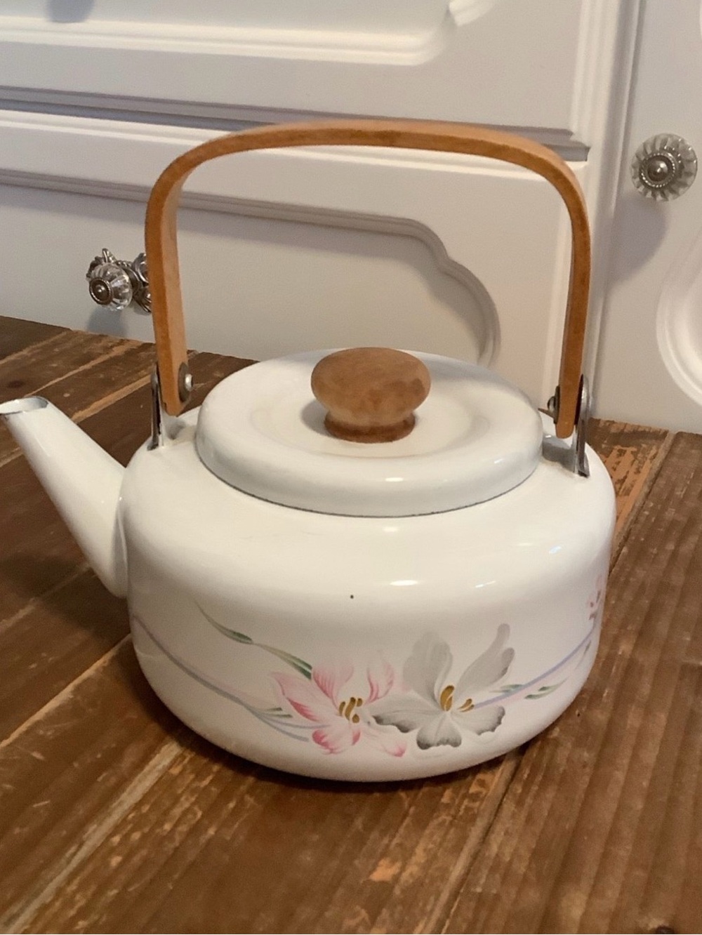 Vintage White Floral Ceramic Teapot with Wood Handle